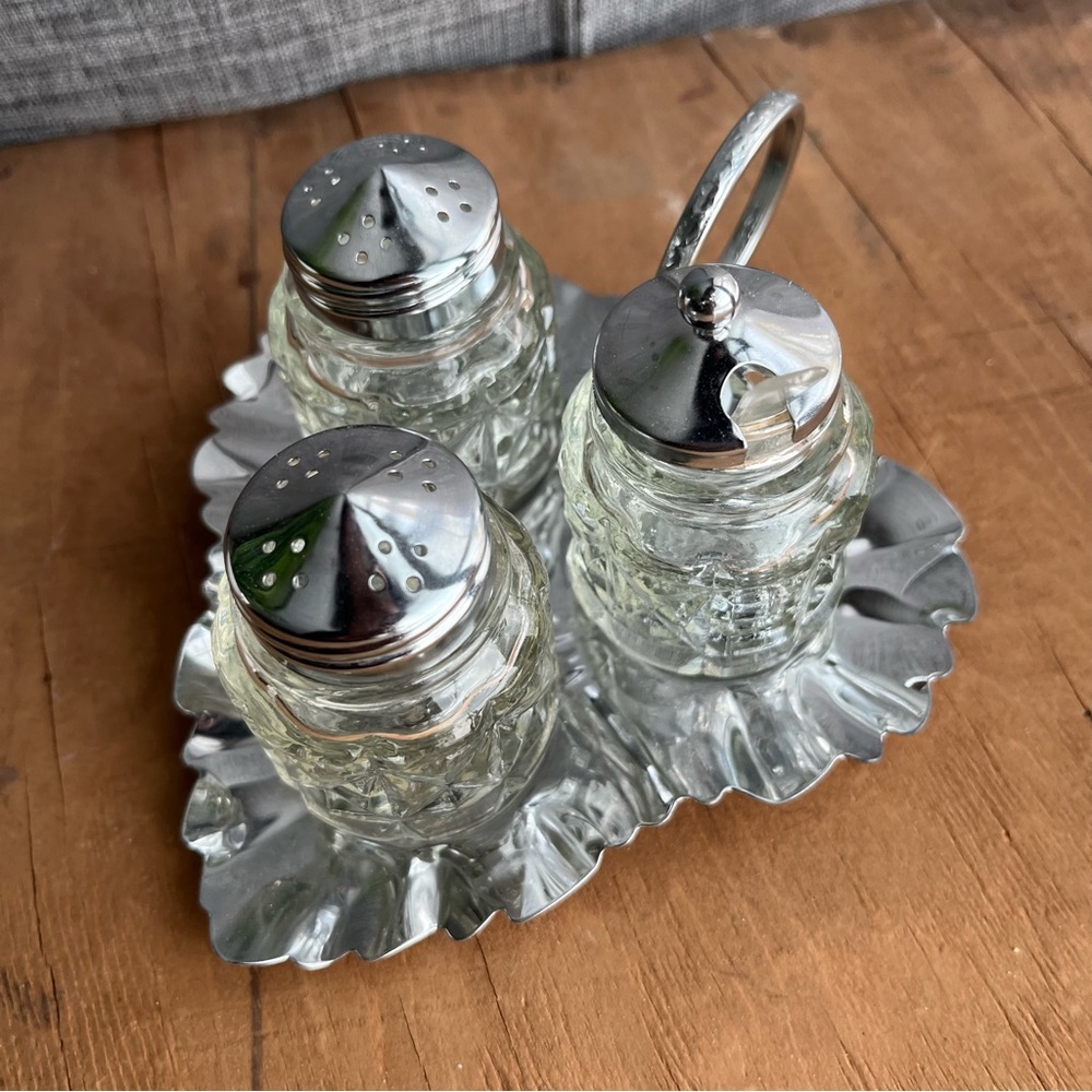 Vintage 3-Piece Cruet Set / Condiment set on silver leaf tray. Made in England